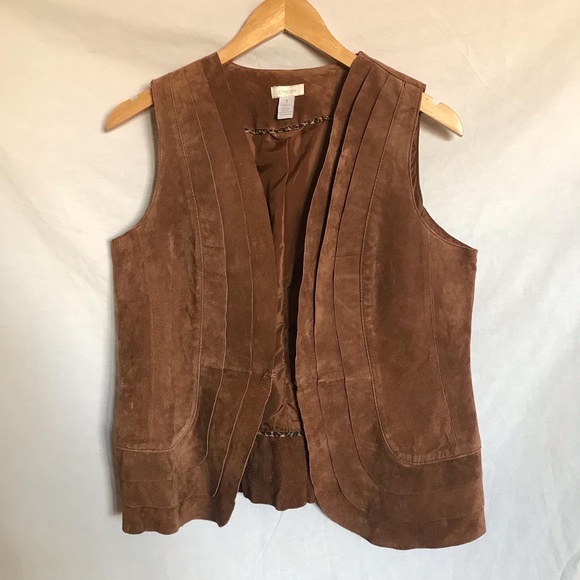 CHICO'S BROWN 100% GENUINE SUEDE LEATHER PLEATED VEST WOMEN'S SIZE M/8 - Picture 4 of 9